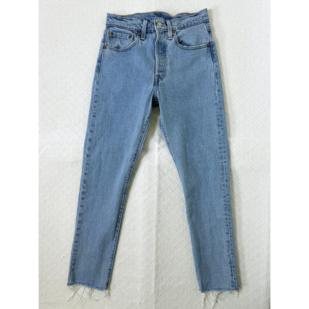 Levis 501‎ Skinny Jeans High Rise Light Wash Denim Button Fly Raw Hem Womens 26